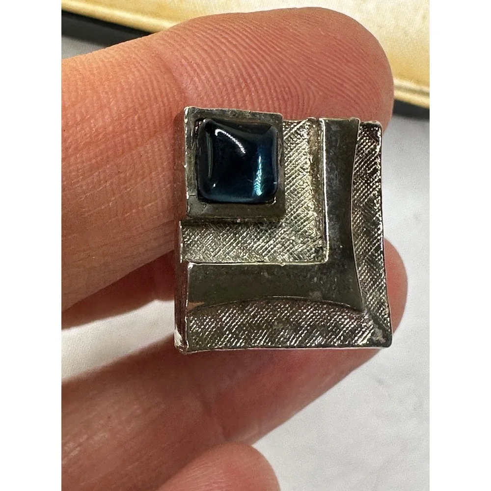 Kasmir cufflinks Tie Tack Set Blue Stone Square Silver Tone Vintage Boxed